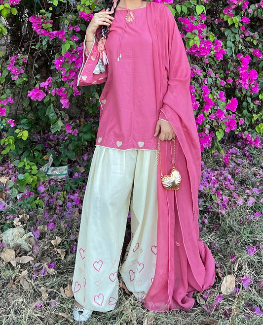 Pink Heart Embroidered 3pc
